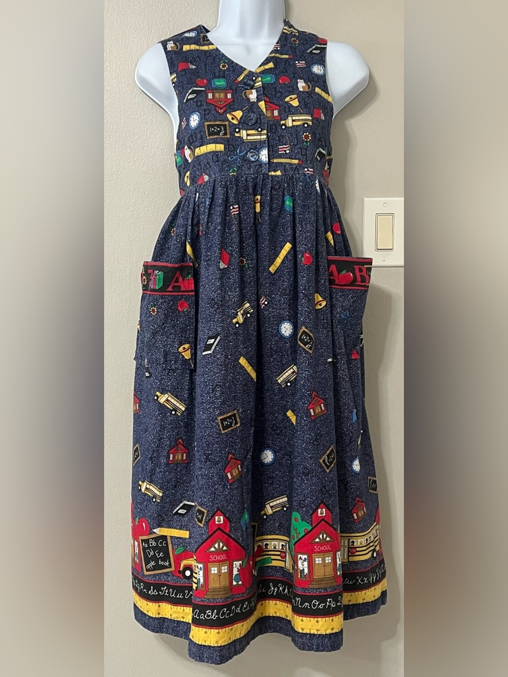 Vintage School Teacher Jumper Dress S/M Navy Classroom Apple Bus Novelty Print